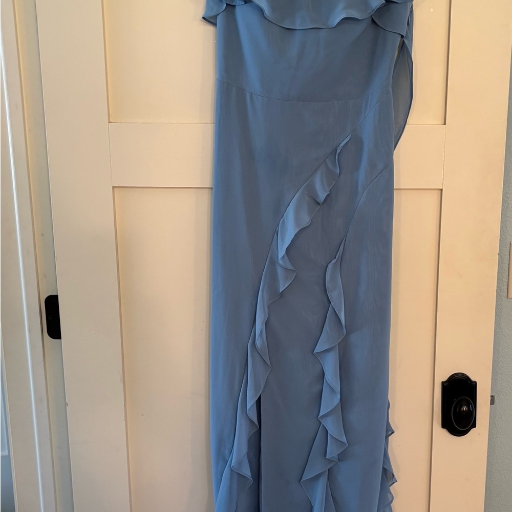 Azazie Blue Asymmetrical Ruffled Gown
